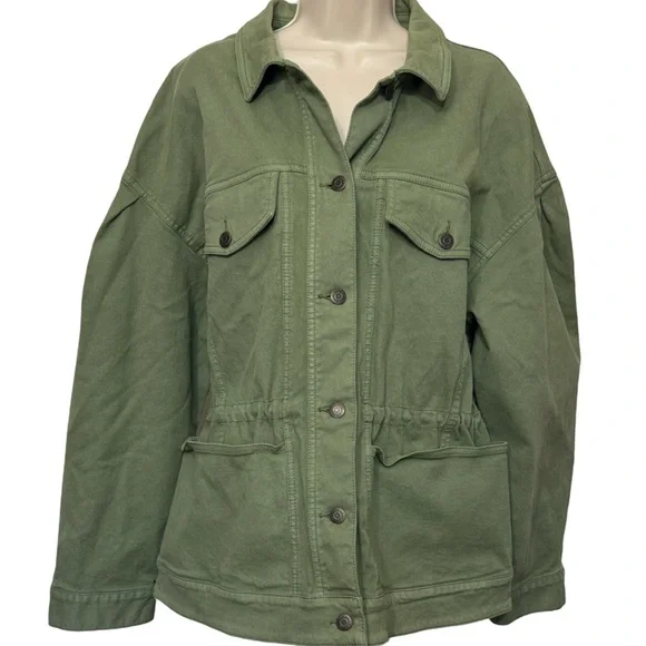 LOFT Puff Sleeve Drawstring Denim Jacket in Olive Green - Picture 4 of 8